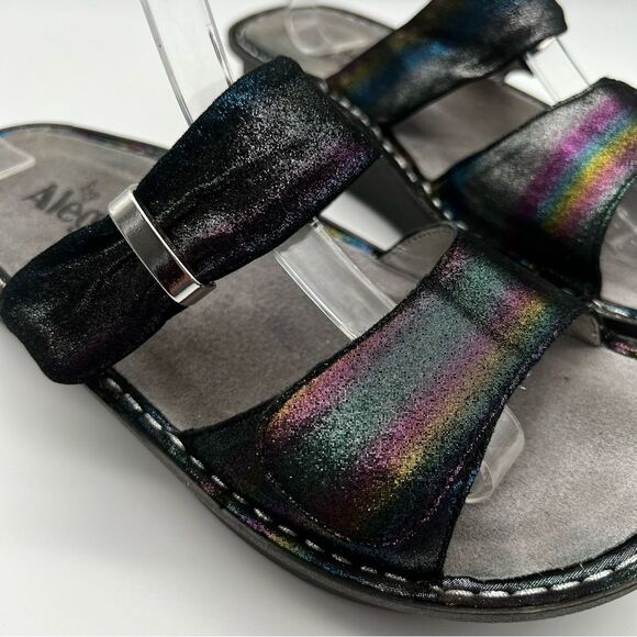 Alegria Karmen Black Metallic Rainbow Leather Slip On Slide Platform Sandals 38 - Picture 4 of 13
